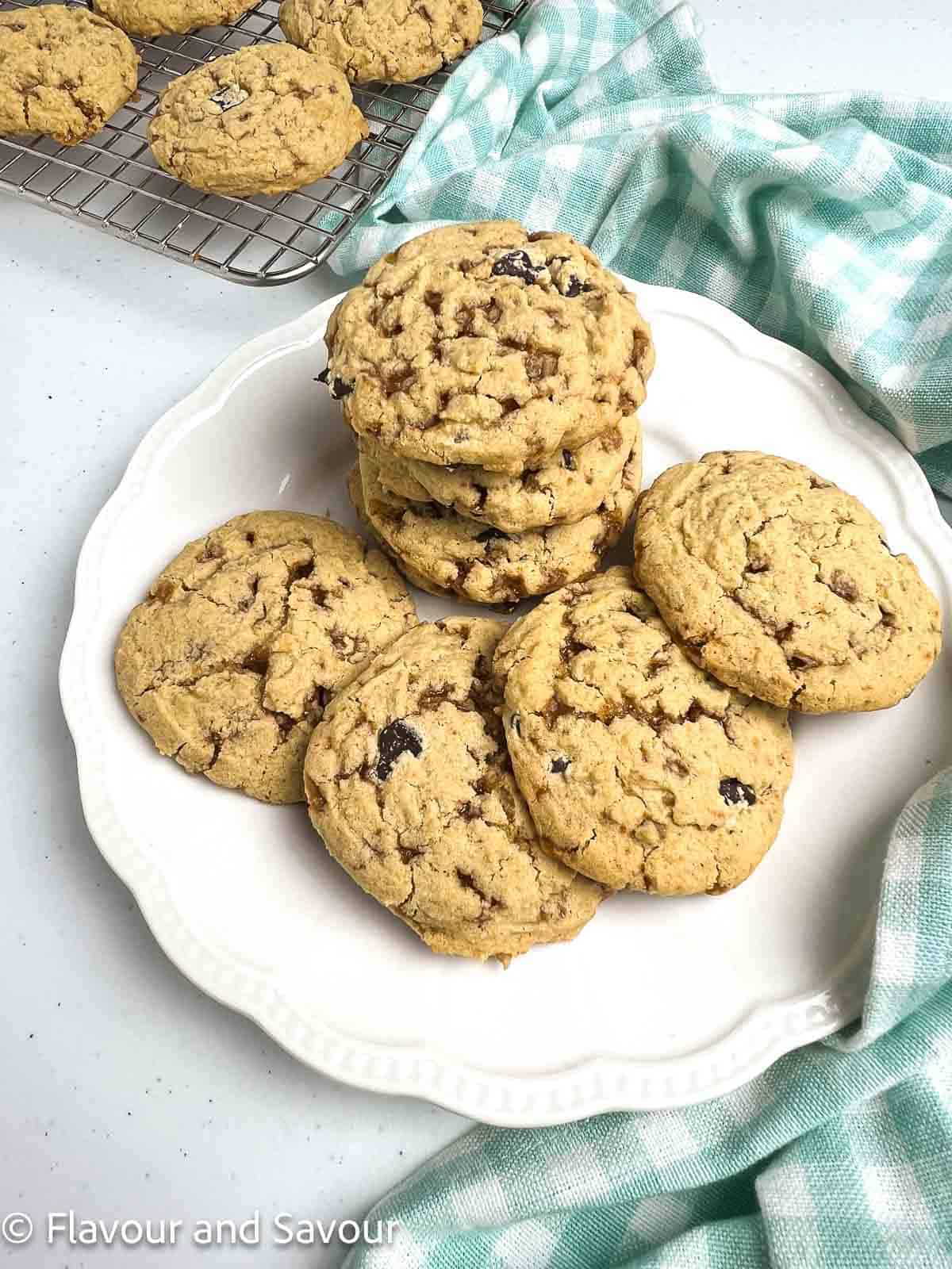 Gluten-free chocolate chip cookies with toffee bits in a plate.
