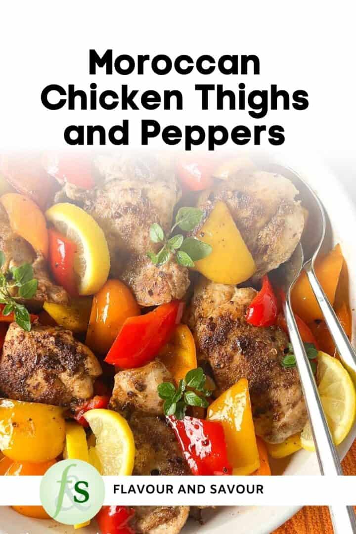 Image with text overlay for Moroccan-style chicken thighs and peppers.