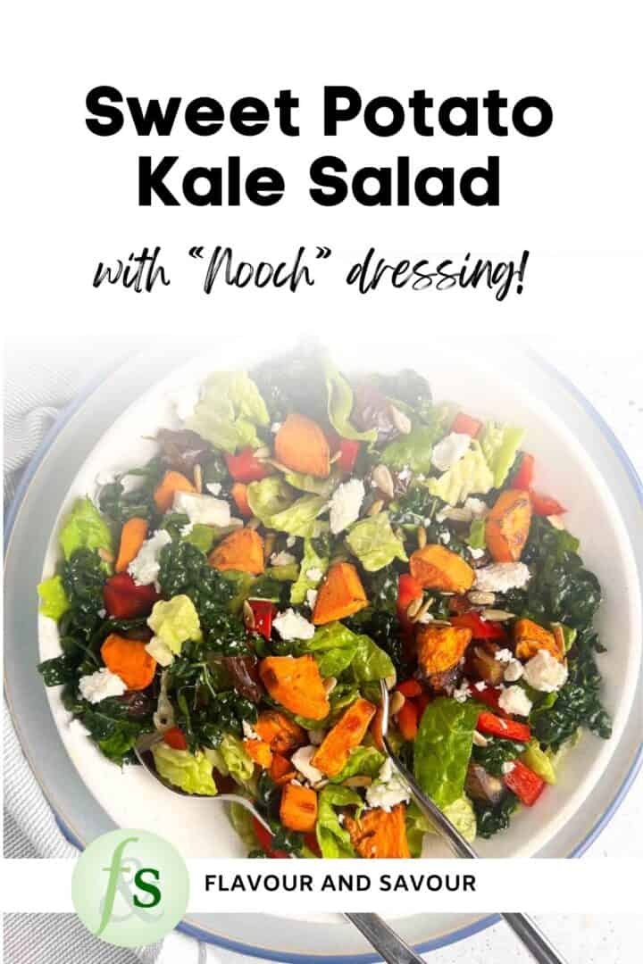 Image with text overlay for Sweet Potato Kale Salad with Nutritional Yeast Dressing.