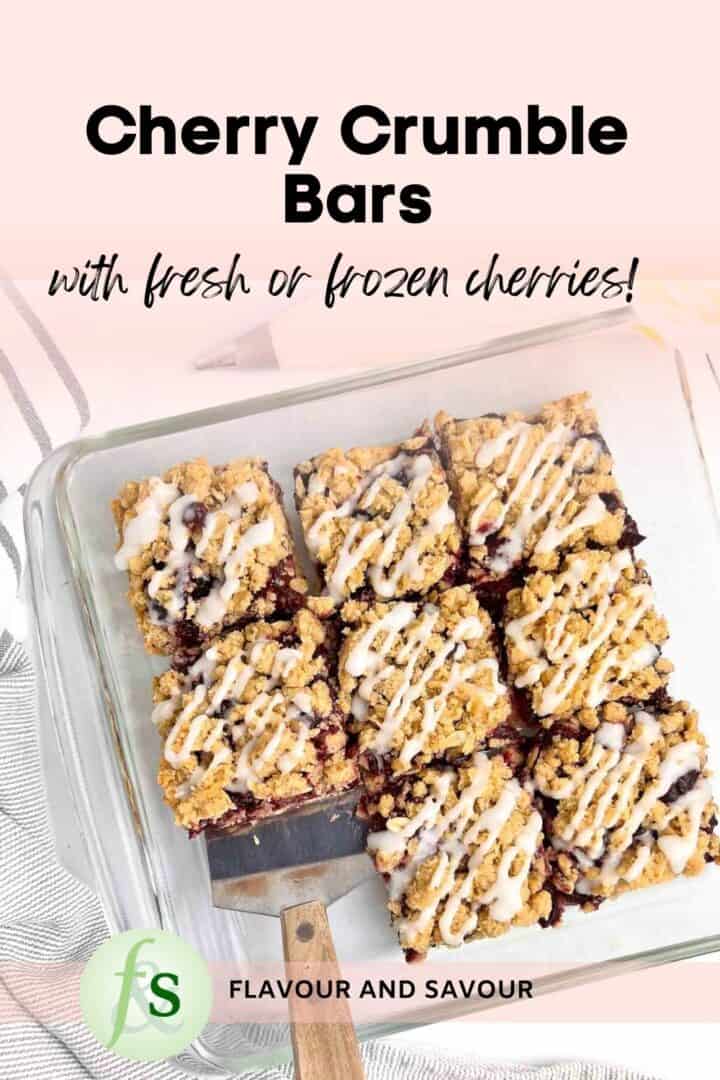 Image with text overlay for Cherry Crumble Bars.