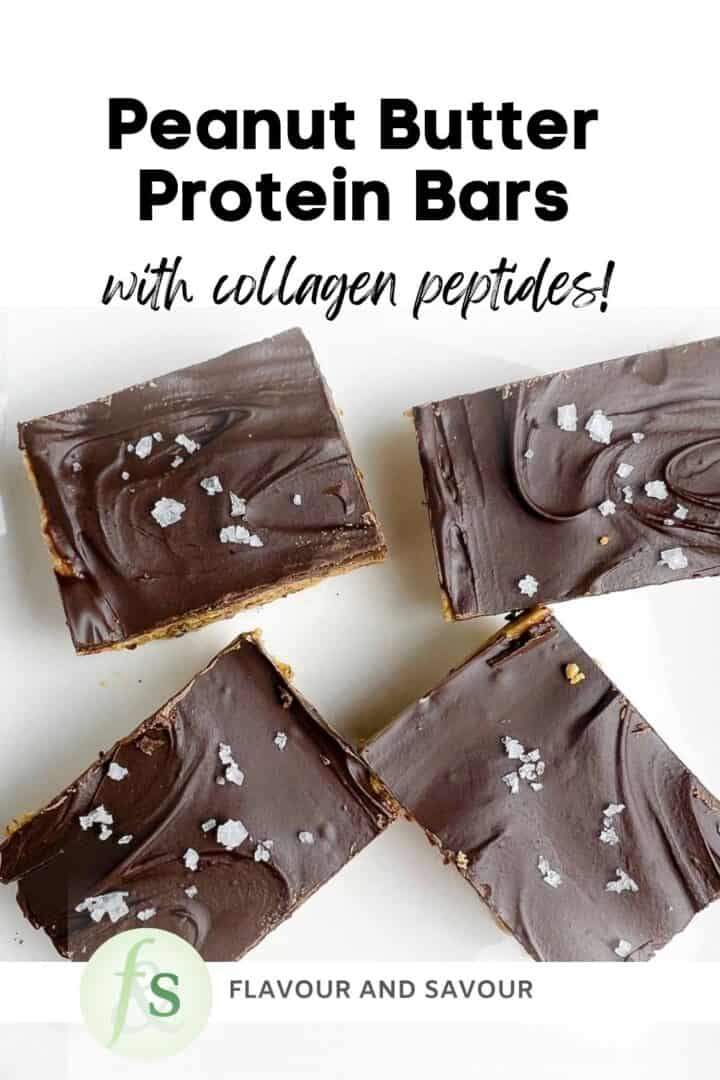 Image with text overlay for no-bake peanut butter protein bars with collagen powder.