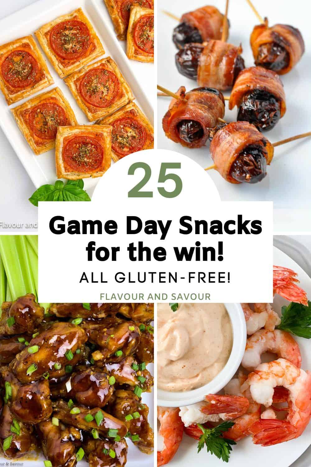 Image with text overlay for 25 game day snacks, all gluten-free.