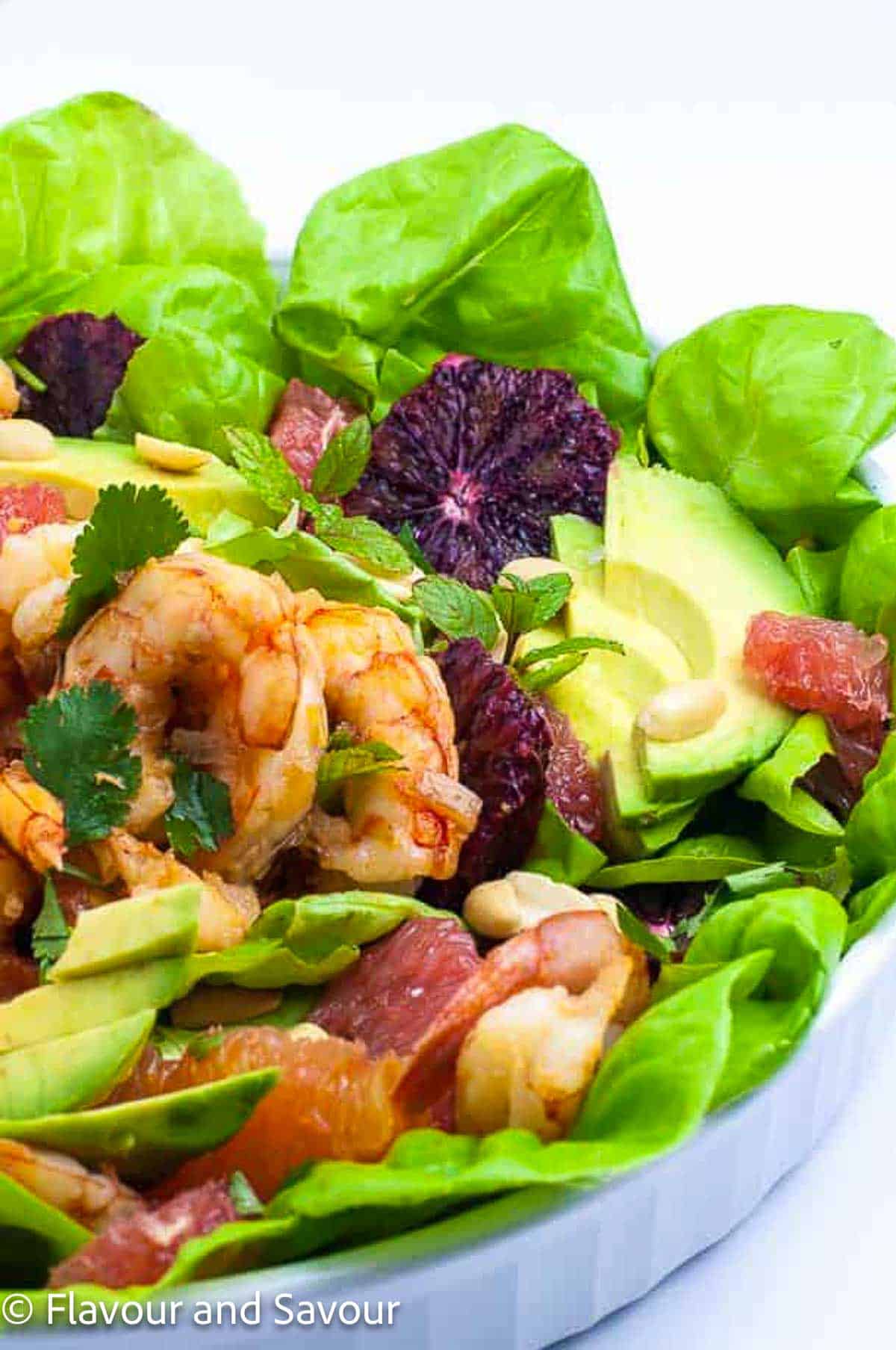 A salad made with Thai-marinated shrimp, grapefruit, blood oranges, avocado and mint leaves.