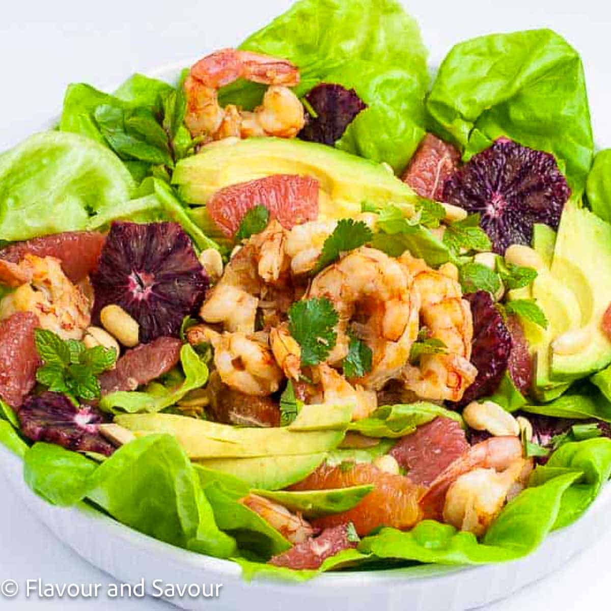A bowl with butter lettuce, Thai shrimp, grapefruit and orange segments, avocado and peanuts.