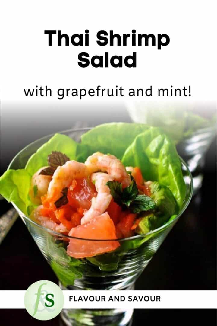 Thai Shrimp Salad with Grapefruit and Mint in a glass bowl.