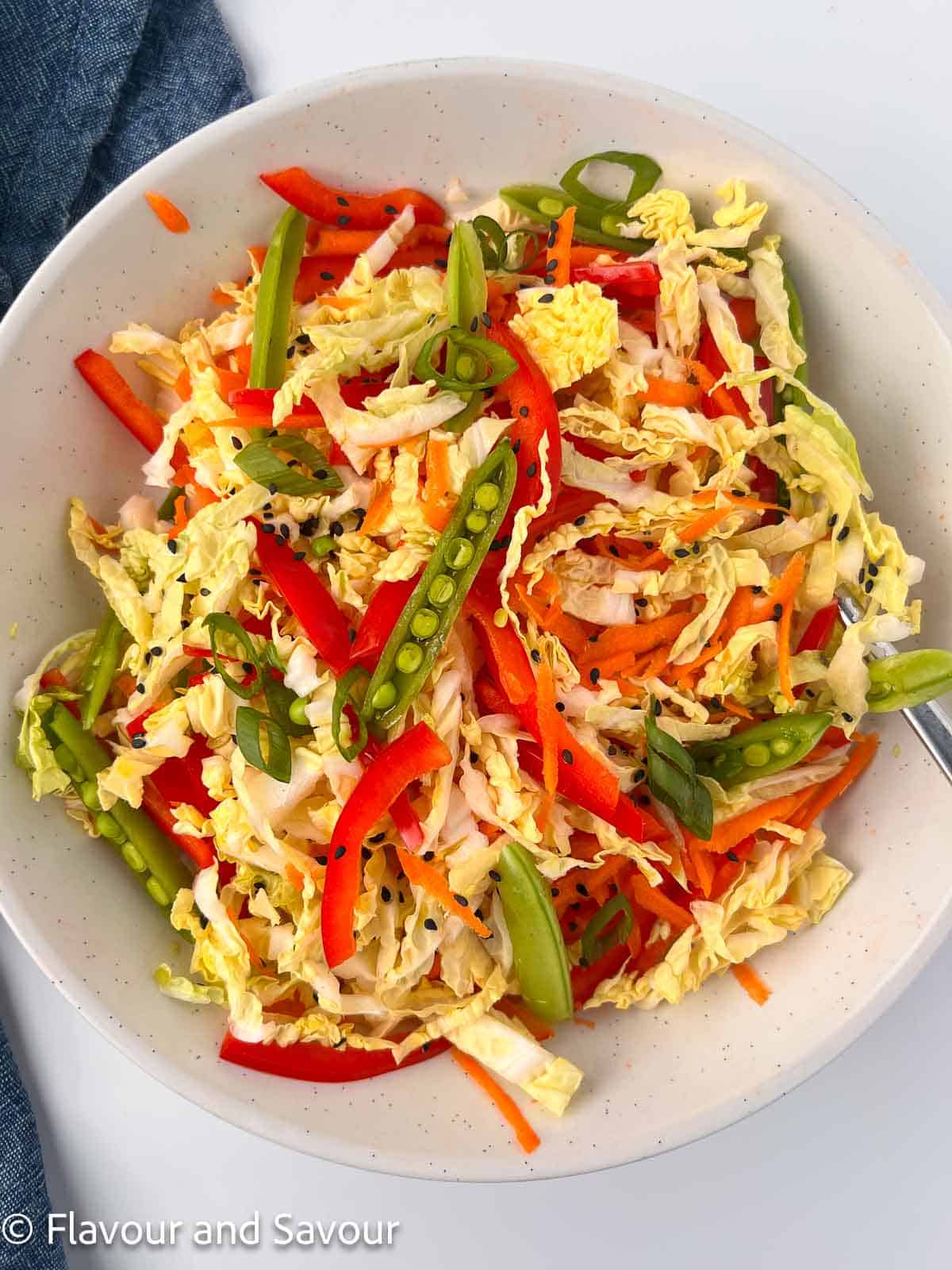 A bowl of Thai-style coleslaw with Napa cabbage, carrots red bell pepper, sugar snap pea pods and green onions.